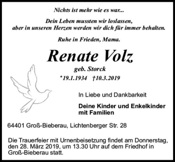 Traueranzeige von Renate Volz von vrm-trauer