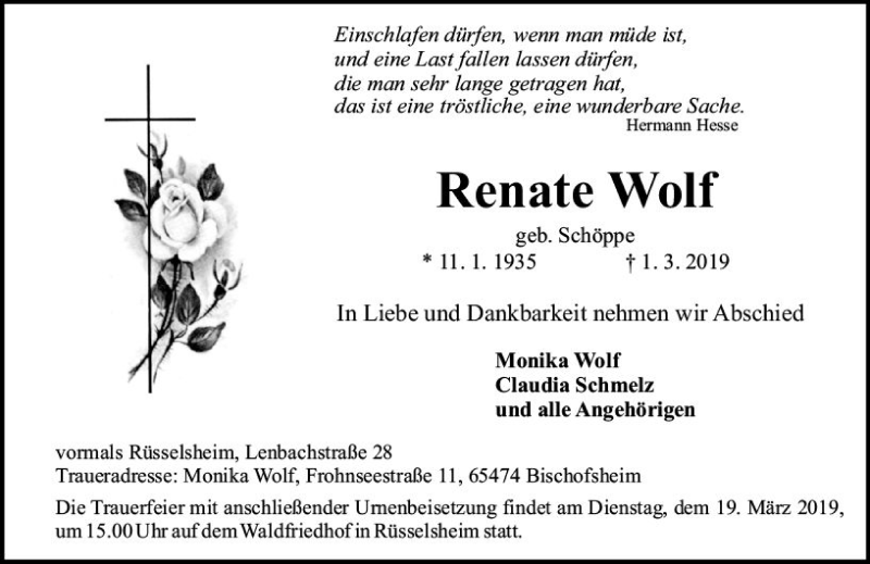  Traueranzeige für Renate Wolf vom 09.03.2019 aus vrm-trauer