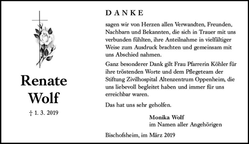  Traueranzeige für Renate Wolf vom 30.03.2019 aus vrm-trauer