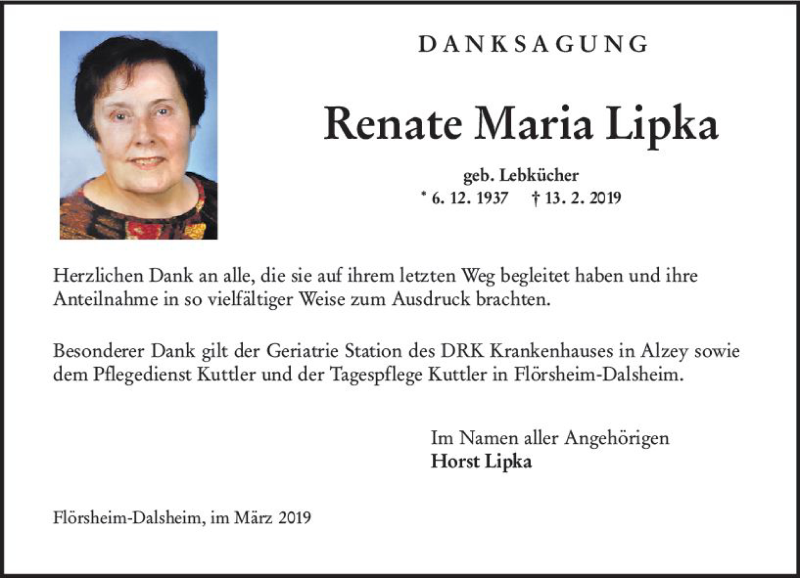  Traueranzeige für Renate Maria Lipka vom 23.03.2019 aus vrm-trauer