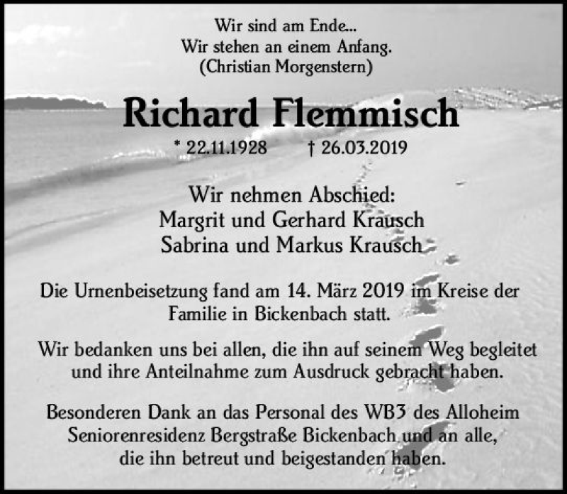  Traueranzeige für Richard Flemmisch vom 16.03.2019 aus vrm-trauer