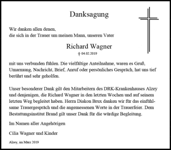 Traueranzeige von Richard Wagner von vrm-trauer