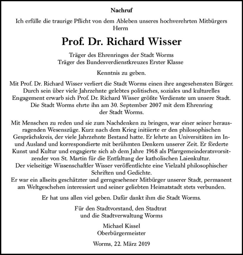  Traueranzeige für Richard Wisser vom 27.03.2019 aus vrm-trauer