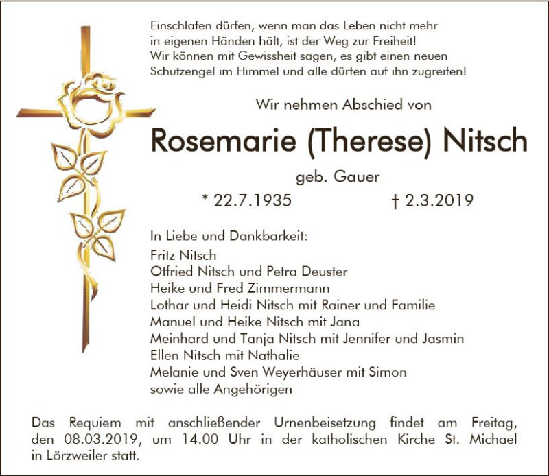  Traueranzeige für Rosemarie Therese Nitsch vom 05.03.2019 aus vrm-trauer