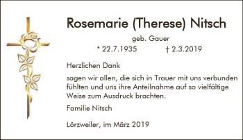 Traueranzeige von Rosemarie Therese Nitsch von vrm-trauer