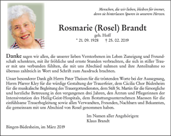 Traueranzeige von Rosmarie Rosel Brandt von vrm-trauer