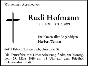 Traueranzeige von Rudi Hofmann von vrm-trauer