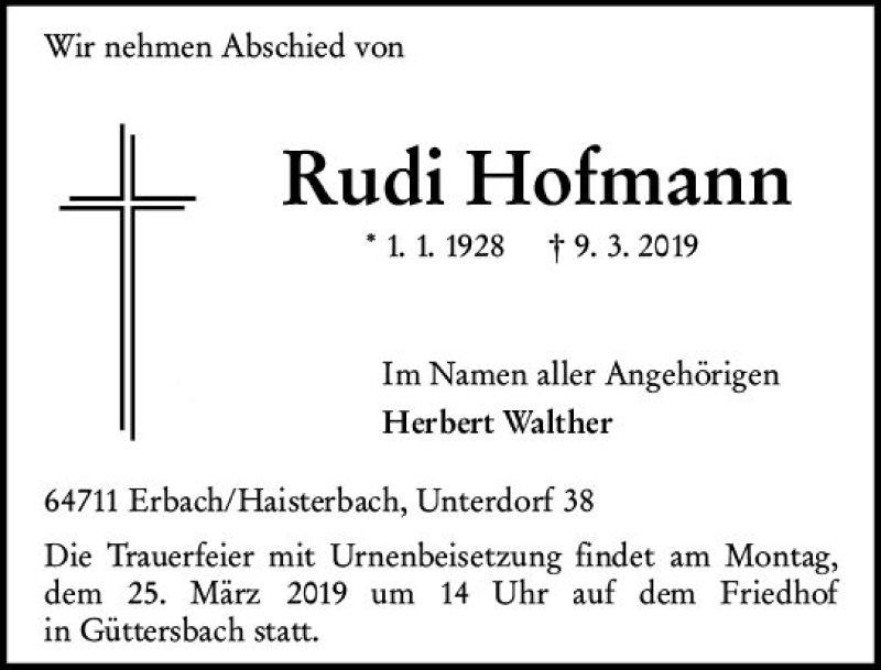  Traueranzeige für Rudi Hofmann vom 21.03.2019 aus vrm-trauer