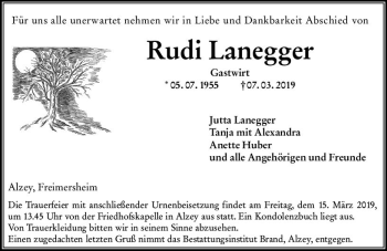Traueranzeige von Rudi Lanegger von vrm-trauer
