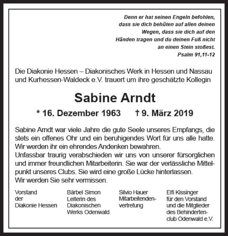  Traueranzeige für Sabine Arndt vom 16.03.2019 aus vrm-trauer
