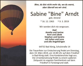 Traueranzeige von Sabine Arndt von vrm-trauer