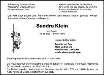 Traueranzeige von Sandra Klein von vrm-trauer