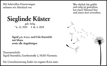 Traueranzeige von Sieglinde Küster von vrm-trauer