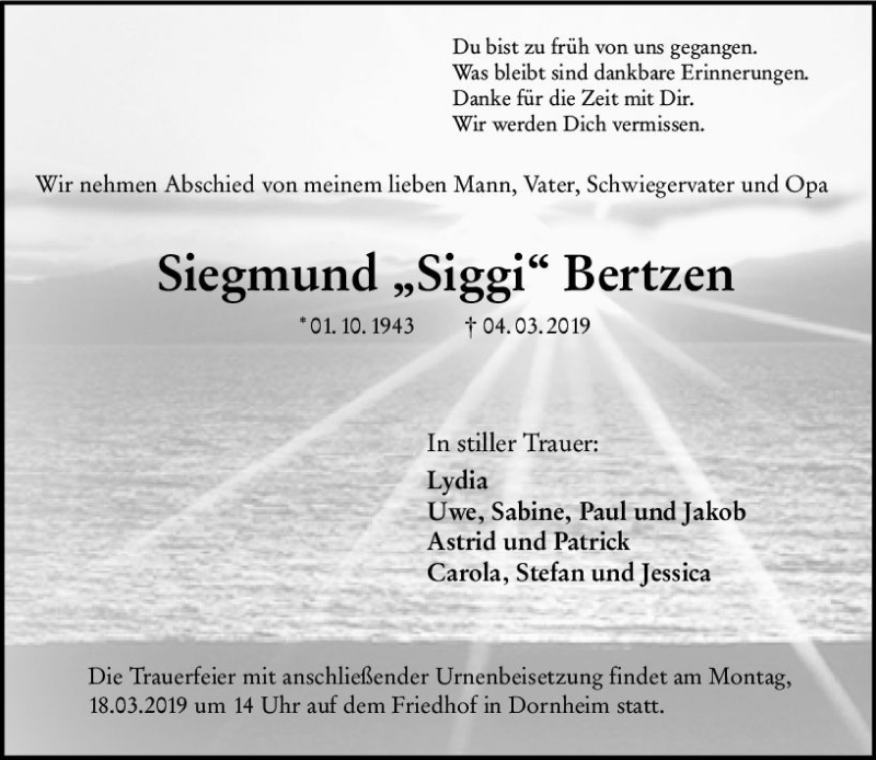  Traueranzeige für Siegmund Siggi Bertzen vom 16.03.2019 aus vrm-trauer