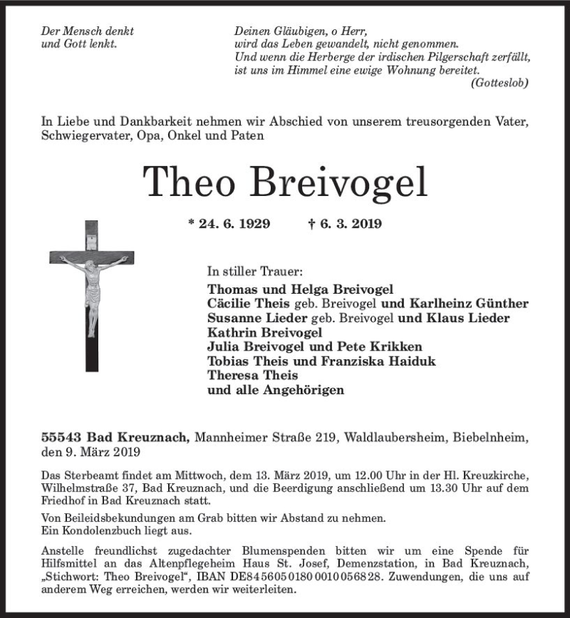  Traueranzeige für Theo Breivogel vom 09.03.2019 aus vrm-trauer