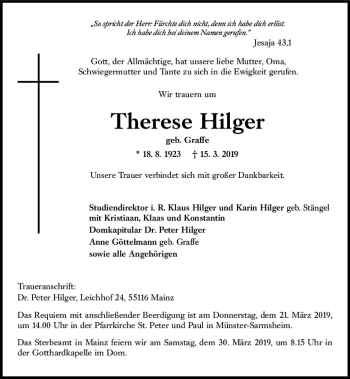 Traueranzeige von Therese Hilger von vrm-trauer