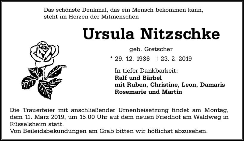  Traueranzeige für Ursula Nitzschke vom 02.03.2019 aus vrm-trauer
