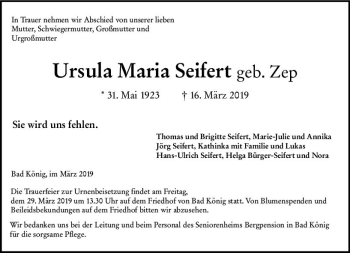 Traueranzeige von Ursula Seifert von vrm-trauer