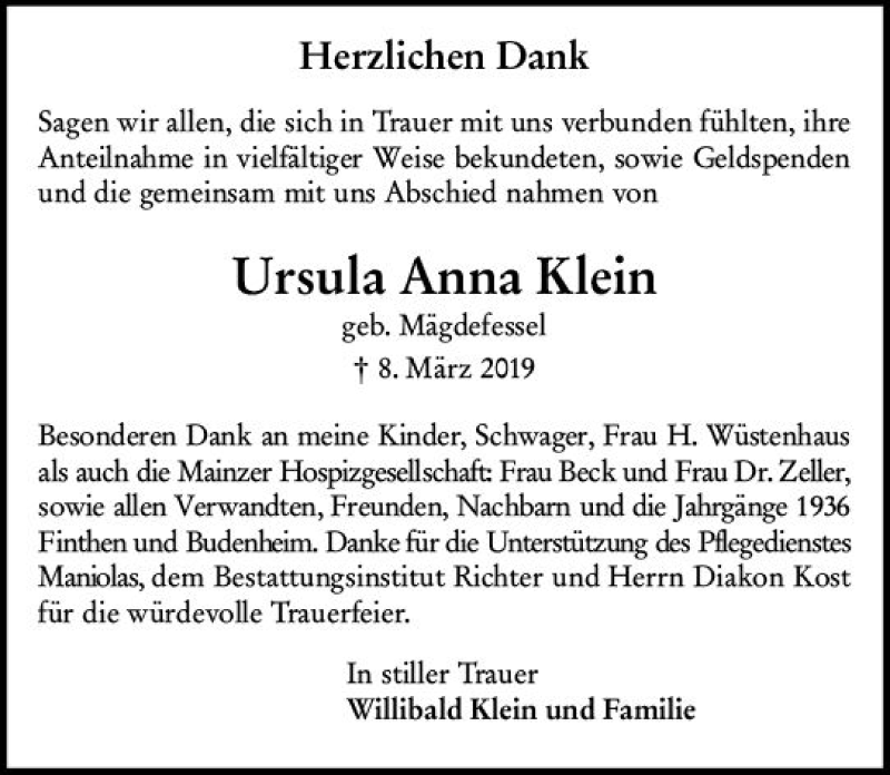  Traueranzeige für Ursula Anna Klein vom 30.03.2019 aus vrm-trauer