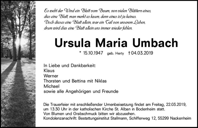  Traueranzeige für Ursula Maria Umbach vom 16.03.2019 aus vrm-trauer