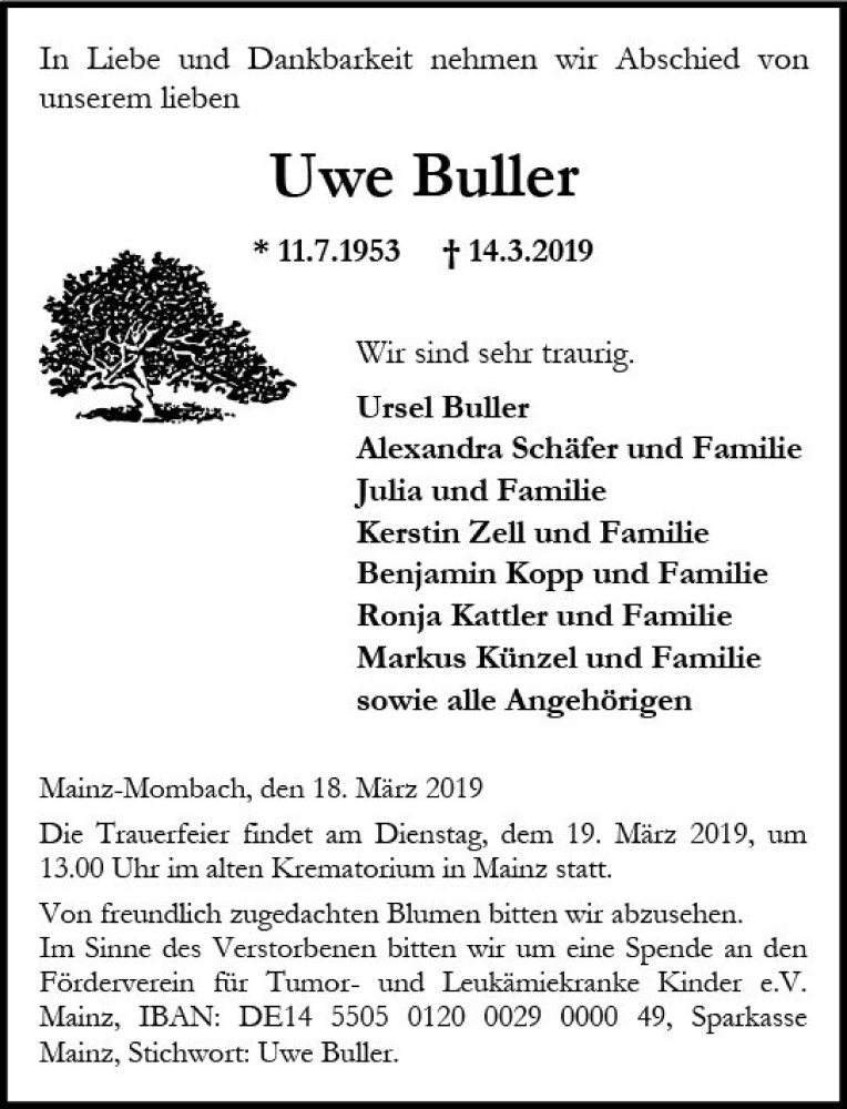  Traueranzeige für Uwe Buller vom 18.03.2019 aus vrm-trauer