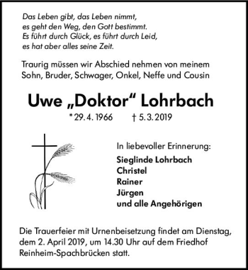 Traueranzeige von Uwe   Lohrbach von vrm-trauer
