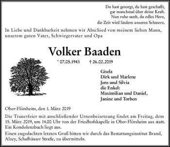 Traueranzeige von Volker Baaden von vrm-trauer