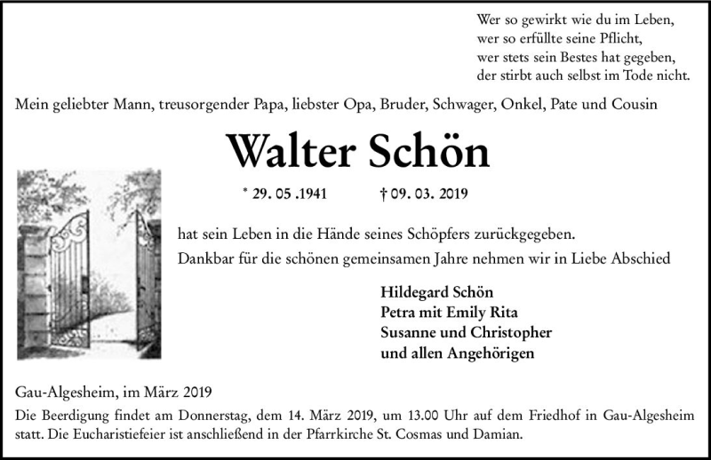  Traueranzeige für Walter Schön vom 12.03.2019 aus vrm-trauer