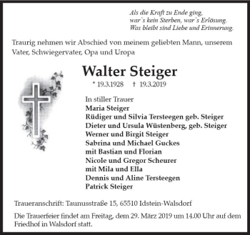Traueranzeige von Walter Steiger von vrm-trauer