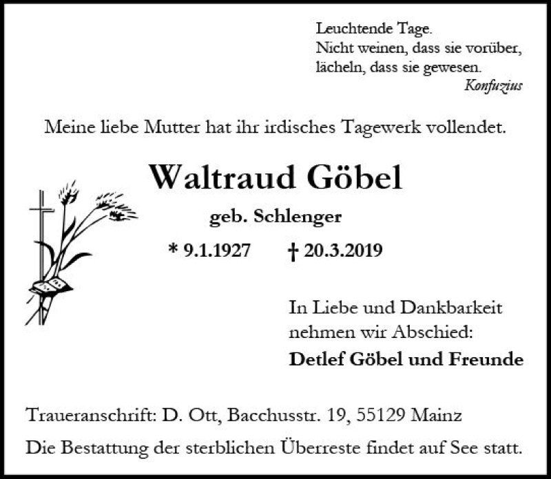  Traueranzeige für Waltraud Göbel vom 23.03.2019 aus vrm-trauer