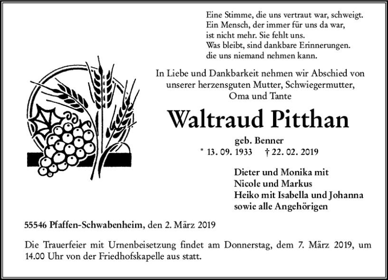  Traueranzeige für Waltraud Pitthan vom 02.03.2019 aus vrm-trauer