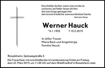 Traueranzeige von Werner Hauck von vrm-trauer