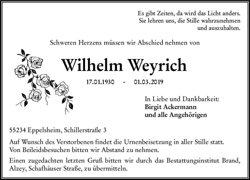  Traueranzeige für Wilhelm Weyrich vom 05.03.2019 aus vrm-trauer