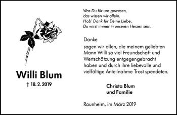 Traueranzeige von Willi Blum von vrm-trauer