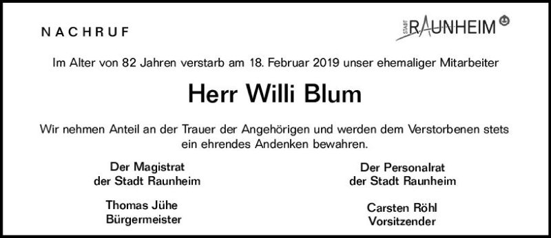  Traueranzeige für Willi Blum vom 01.03.2019 aus vrm-trauer