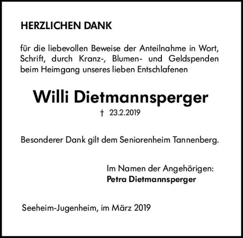  Traueranzeige für Willi Dietmannsperger vom 09.03.2019 aus vrm-trauer
