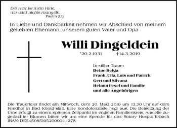 Traueranzeige von Willi Dingeldein von vrm-trauer