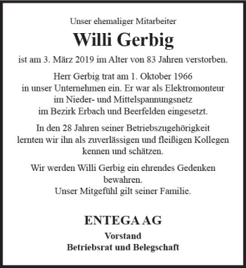 Traueranzeige von Willi Gerbig von vrm-trauer