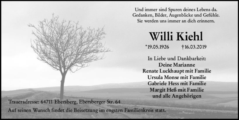  Traueranzeige für Willi Kiehl vom 23.03.2019 aus vrm-trauer