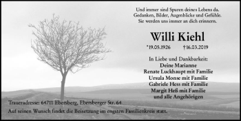 Traueranzeige von Willi Kiehl von vrm-trauer