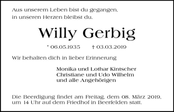 Traueranzeige von Willy Gerbig von vrm-trauer