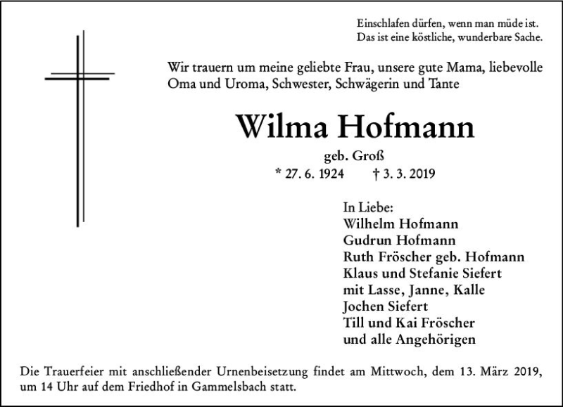  Traueranzeige für Wilma Hofmann vom 09.03.2019 aus vrm-trauer