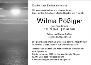 Traueranzeige von Wilma Pößiger von vrm-trauer