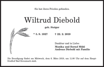Traueranzeige von Wiltrud Diebold von vrm-trauer