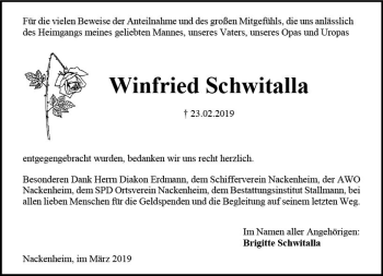 Traueranzeige von Winfried Schwitalla von vrm-trauer