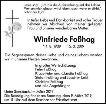 Traueranzeige von Winfriede Foßhag von vrm-trauer