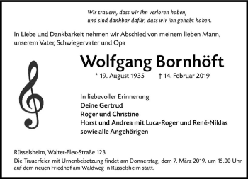 Traueranzeige von Wolfgang Bornhöft von vrm-trauer