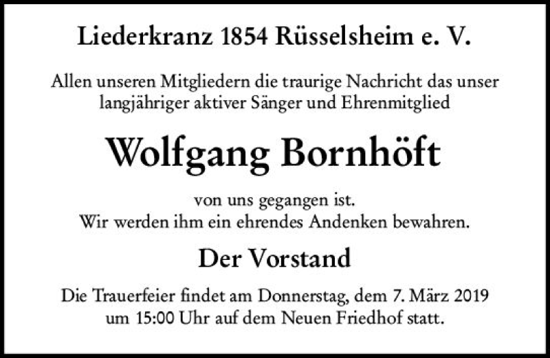  Traueranzeige für Wolfgang Bornhöft vom 05.03.2019 aus vrm-trauer