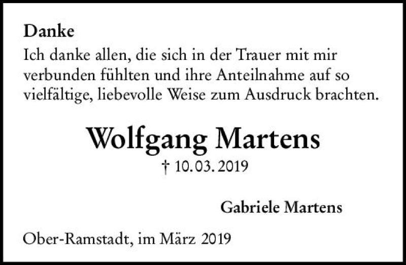  Traueranzeige für Wolfgang Martens vom 30.03.2019 aus vrm-trauer