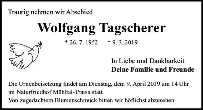  Traueranzeige für Wolfgang Tagscherer vom 30.03.2019 aus vrm-trauer